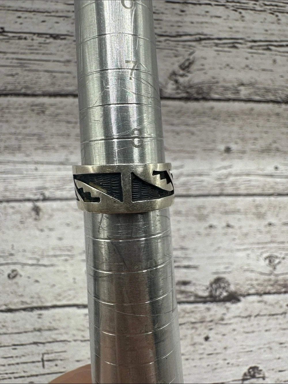 Hopi Silver Band Ring with Black Geometric Inlay